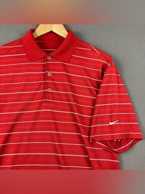 Nike Men’s Golf Polo Size Small Short Sleeve Shirt Striped Red & White Logo
